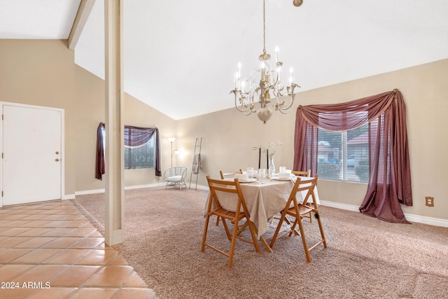 dining room featuring carpet, beamed ceiling, high vaulted ceiling, and a chandelier