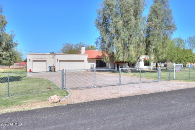 18622 E Via De Arboles, Queen Creek, AZ 85142 - view of front of home featuring a fenced front yard, a chimney, a front lawn, and stucco siding