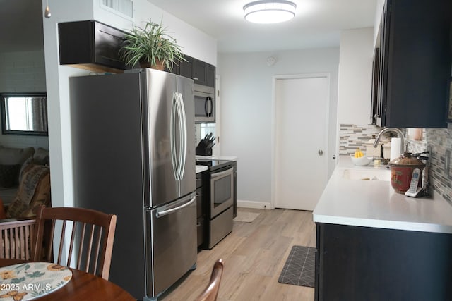 kitchen with a sink, light countertops, light wood-style floors, appliances with stainless steel finishes, and backsplash