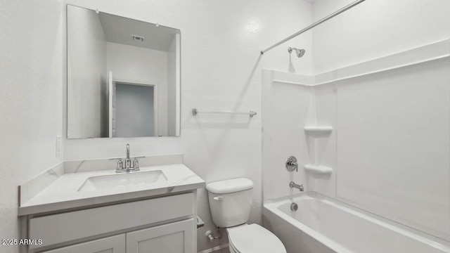 full bath with shower / washtub combination, vanity, toilet, and visible vents