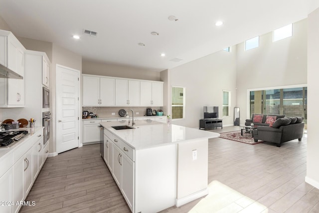 kitchen with white cabinetry, sink, light hardwood / wood-style flooring, a kitchen island with sink, and appliances with stainless steel finishes