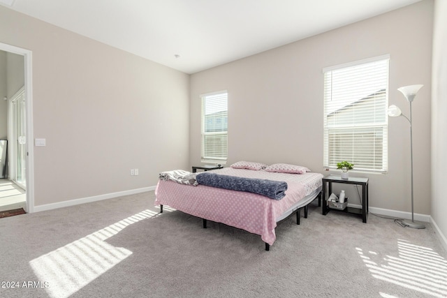 bedroom featuring light carpet