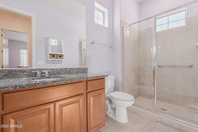 full bath with a shower stall, tile patterned flooring, toilet, and vanity