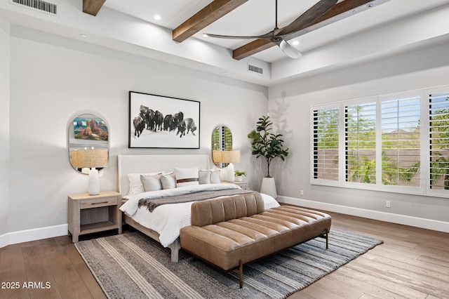 13750 E Yucca St, Scottsdale, AZ 85259 - bedroom featuring baseboards, wood-type flooring, beamed ceiling, recessed lighting, and a ceiling fan