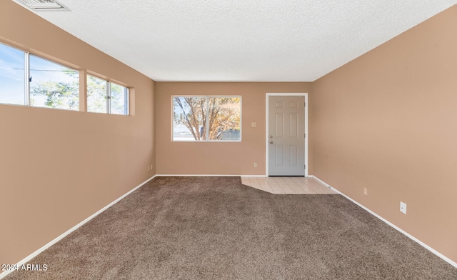 spare room featuring light carpet and a textured ceiling