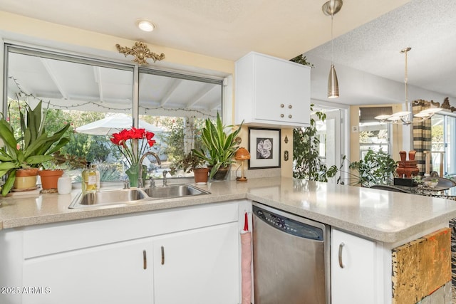 kitchen with white cabinetry, dishwasher, sink, and pendant lighting