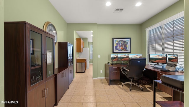 home office with recessed lighting, visible vents, baseboards, and light tile patterned flooring