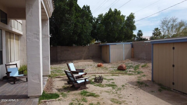 view of yard with a patio and a storage unit