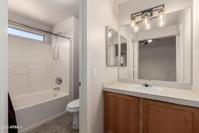 30212 N Sunray Dr, San Tan Valley, AZ 85143 - bathroom featuring tile patterned flooring, vanity, bathing tub / shower combination, toilet, and ceiling fan