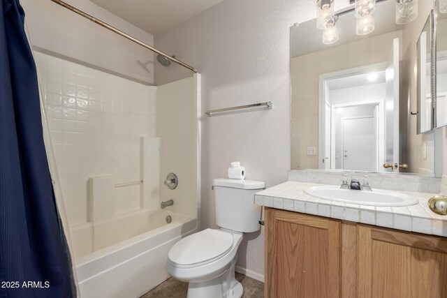 30212 N Sunray Dr, San Tan Valley, AZ 85143 - full bathroom with shower / bath combo, vanity, toilet, and tile patterned flooring