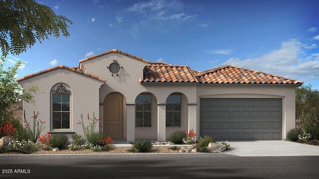 20723 W San Miguel Ave, Buckeye, AZ 85396 - mediterranean / spanish house with a tile roof, stucco siding, a garage, and concrete driveway