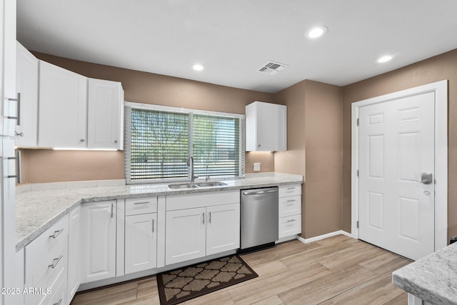 kitchen with light wood-style flooring, a sink, visible vents, white cabinetry, and dishwasher