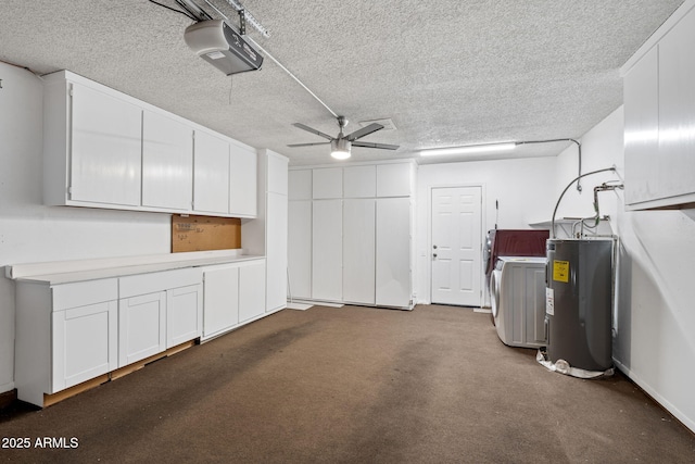 garage featuring a ceiling fan and water heater