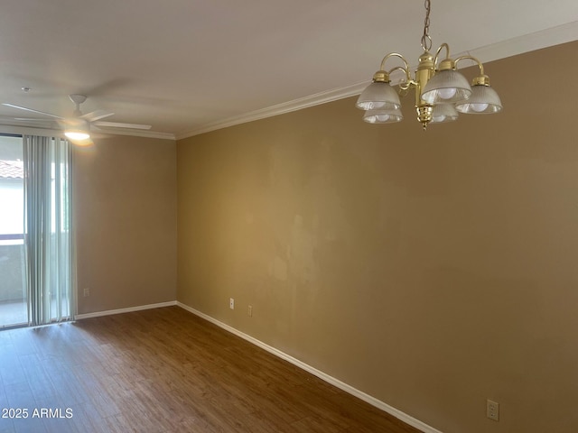 unfurnished room featuring ceiling fan with notable chandelier, crown molding, baseboards, and wood finished floors