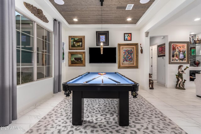 game room with marble finish floor, billiards, visible vents, and recessed lighting