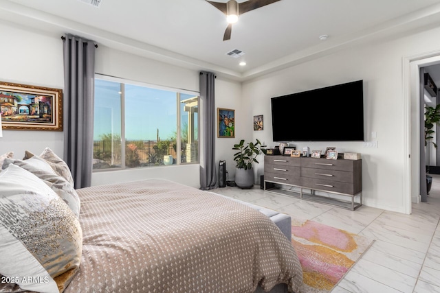 bedroom featuring recessed lighting, a ceiling fan, visible vents, baseboards, and marble finish floor