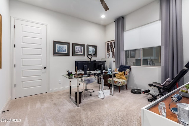 home office featuring a ceiling fan, recessed lighting, carpet flooring, and baseboards