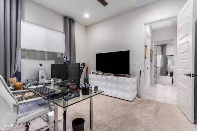 office area featuring a ceiling fan, carpet, visible vents, and recessed lighting