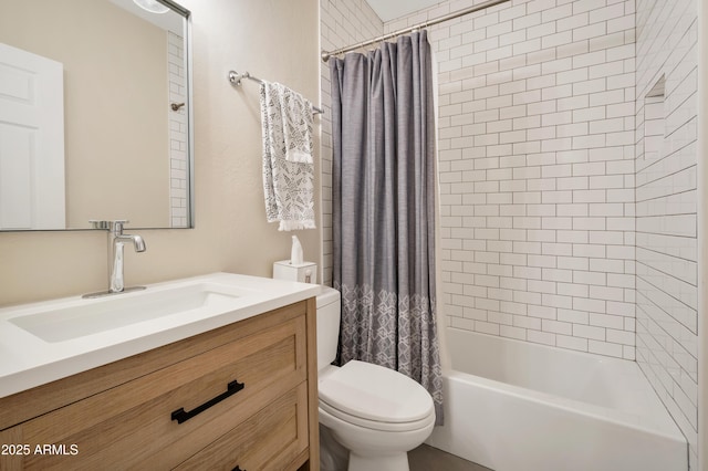 bathroom with shower / bath combination with curtain, vanity, and toilet