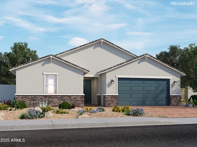 ranch-style house featuring stone siding, driveway, an attached garage, and stucco siding