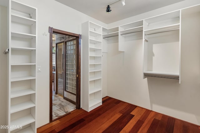 walk in closet featuring dark wood-type flooring