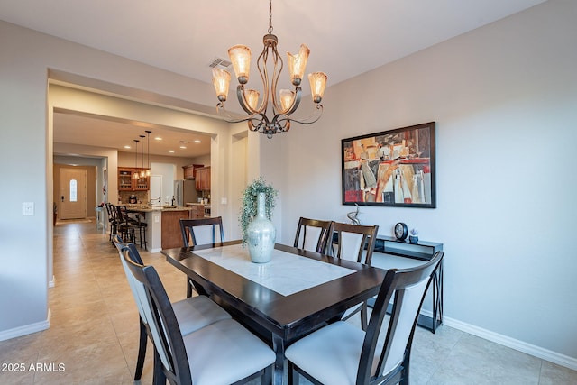 dining room with light tile patterned floors, recessed lighting, visible vents, a chandelier, and baseboards