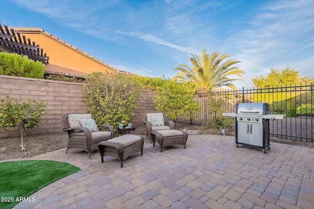 view of patio / terrace with a fenced backyard and area for grilling