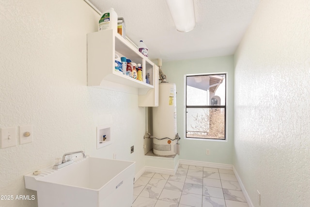 clothes washing area featuring hookup for a washing machine, laundry area, water heater, marble finish floor, and electric dryer hookup