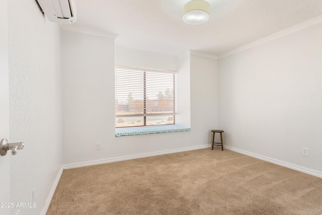 carpeted empty room featuring a wall mounted air conditioner, crown molding, and baseboards