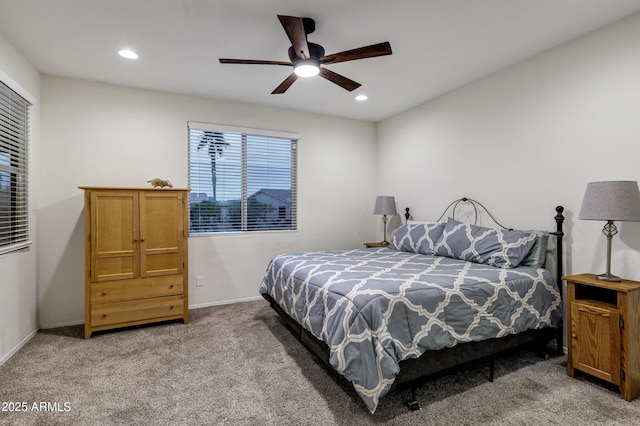 bedroom featuring light carpet, baseboards, a ceiling fan, and recessed lighting