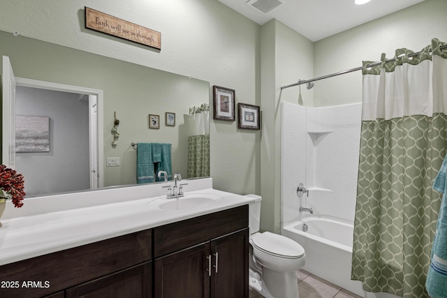 full bathroom with visible vents, toilet, tile patterned flooring, shower / bathtub combination with curtain, and vanity