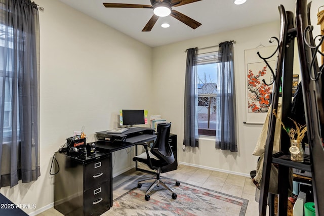 home office featuring light tile patterned floors, ceiling fan, baseboards, and recessed lighting