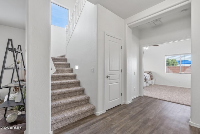 stairs featuring hardwood / wood-style floors