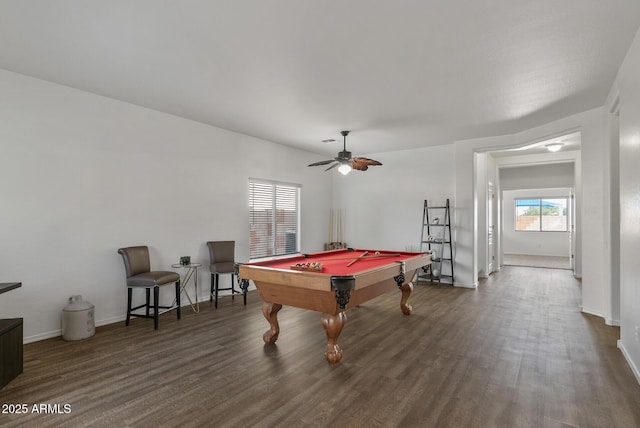 playroom with dark hardwood / wood-style floors, pool table, and ceiling fan