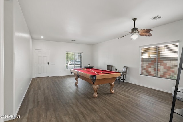 rec room featuring dark hardwood / wood-style flooring, pool table, and ceiling fan