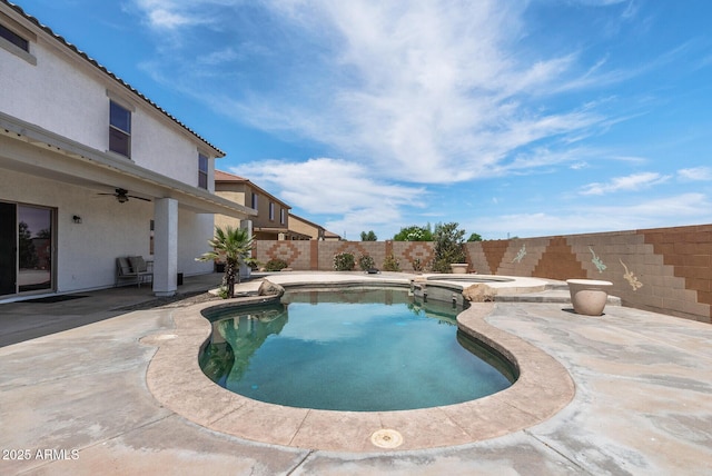 view of swimming pool featuring an in ground hot tub, ceiling fan, and a patio