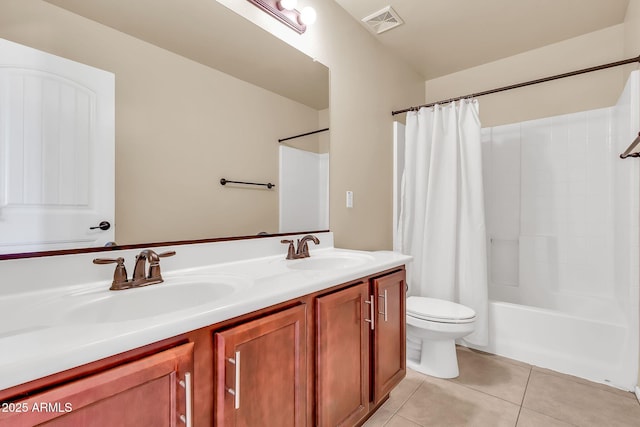 121 W Hackberry Dr, Chandler, AZ 85248 - full bathroom with tile patterned flooring, toilet, double vanity, and shower / bath combination with curtain