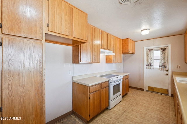 kitchen with baseboards, white electric range, light countertops, and under cabinet range hood