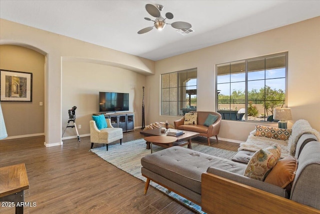 10914 E Tarragon Ave, Mesa, AZ 85212 - living room with ceiling fan and wood finished floors