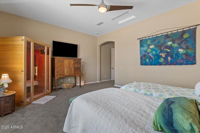 10914 E Tarragon Ave, Mesa, AZ 85212 - carpeted bedroom with arched walkways, ceiling fan, and attic access