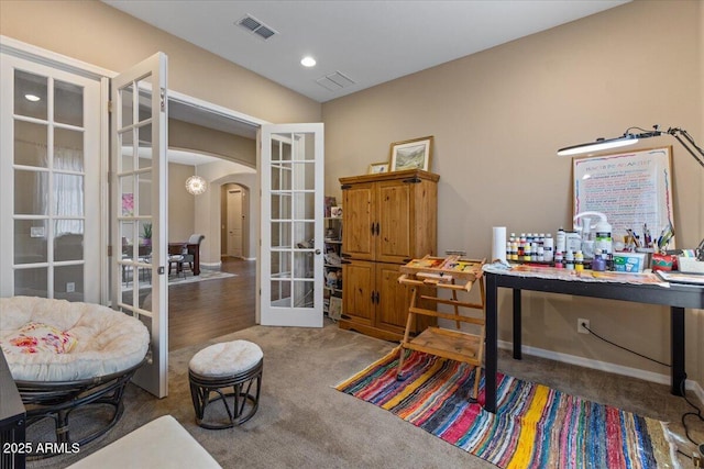 10914 E Tarragon Ave, Mesa, AZ 85212 - carpeted office space featuring french doors, arched walkways, and recessed lighting