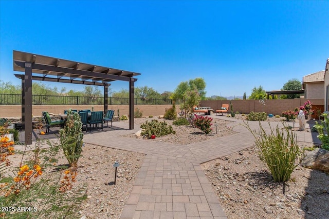 10914 E Tarragon Ave, Mesa, AZ 85212 - fenced backyard with a patio, a pergola, and an outdoor living space