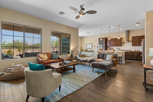 10914 E Tarragon Ave, Mesa, AZ 85212 - living area featuring ceiling fan, dark wood-style floors, and recessed lighting