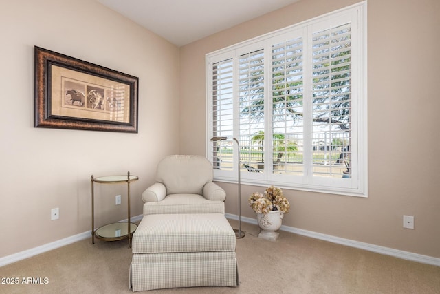 sitting room featuring baseboards, carpet, and a healthy amount of sunlight