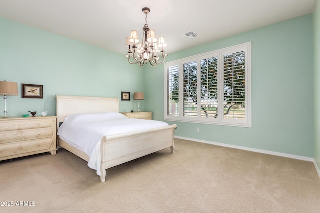 bedroom with an inviting chandelier, carpet, visible vents, and baseboards