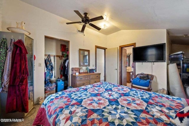 bedroom featuring vaulted ceiling, a closet, ceiling fan, carpet floors, and visible vents