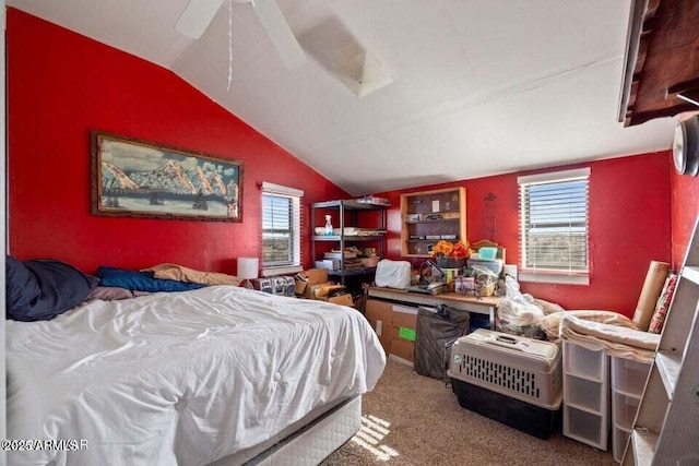 bedroom featuring lofted ceiling, carpet floors, and a ceiling fan