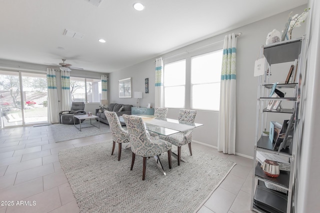 dining area featuring visible vents, baseboards, ceiling fan, light tile patterned flooring, and recessed lighting