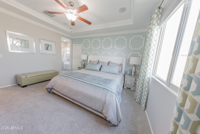 bedroom with carpet floors, visible vents, crown molding, and baseboards