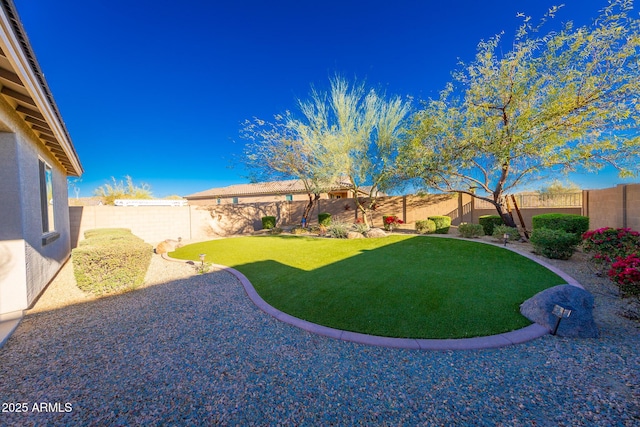 view of yard with a fenced backyard and a patio